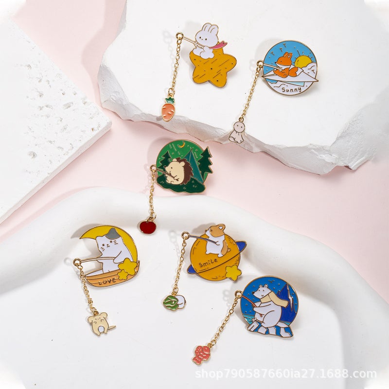 Selling Animals Rabbit Hedgehog Puppy Fox Fishing Brooch Pin Metal Avatar Badge Dripping Oil - Image 3